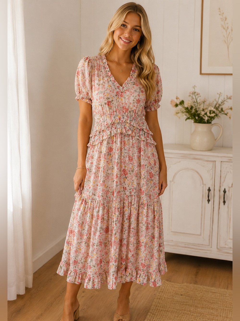 We are Sundays x Anthropologie Floral Puff Sleeve Midi Dress Size 0